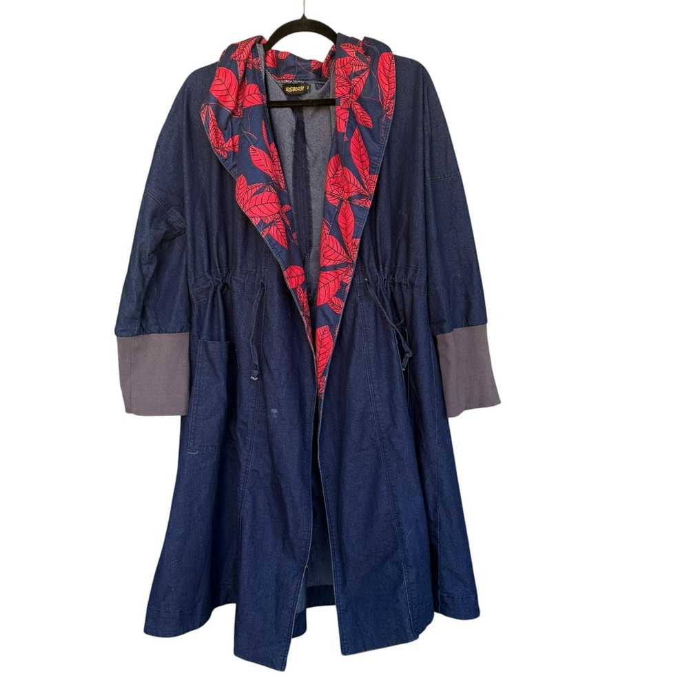 Reborn J Coat Womens 3X Blue Denim Hooded Anorak Open Front Drawstring Boho Long